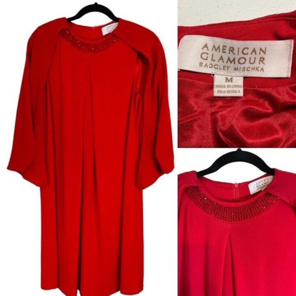 Badgley Mischka Cape Dress Red Chiffon w/Red Sequin Neckline Size M GORGEOUS!